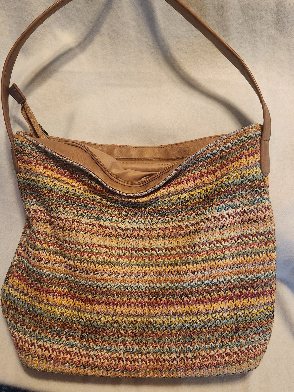 Multicolor Woven Shoulder Bag with Tan Trim
